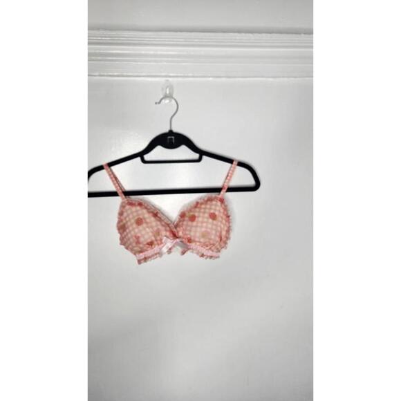 Pink Gingham Strawberry Print Bra Womens XL Ruffle Lace Kawaii Bow Cute Lingerie - Picture 1 of 5